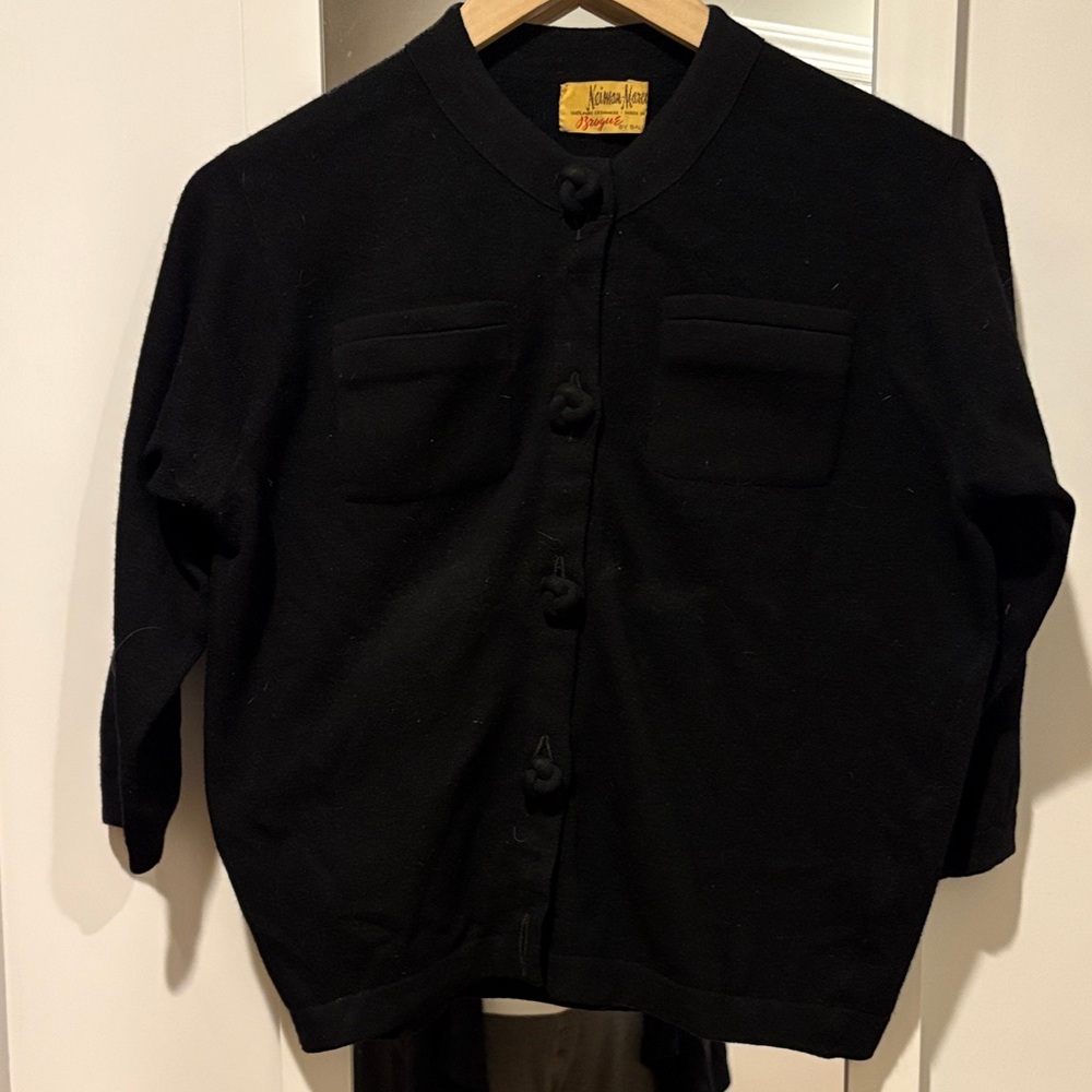 Neiman Marcus Black Cashmere Knit Patch Cardigan
